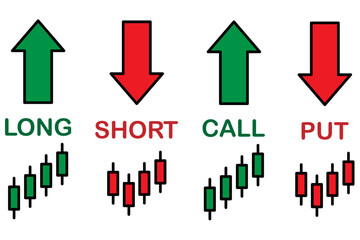 Icons for trading terms call ,put, buy, sell, short and long. includes green and red arrows symbols. Ideal for stock market, forex and crypto visuals. icons, vector, symbols.