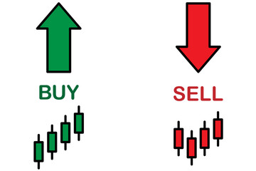 Icons for trading terms buy and sell. includes green and red arrows symbols. Ideal for stock market, forex and crypto visuals. icons, vector, symbols.