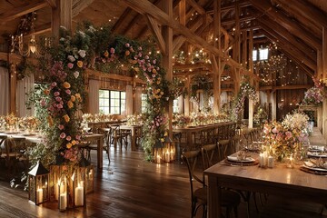 Fototapeta premium Elegant rustic wedding reception decorated with flowers and warm lighting in a wooden barn