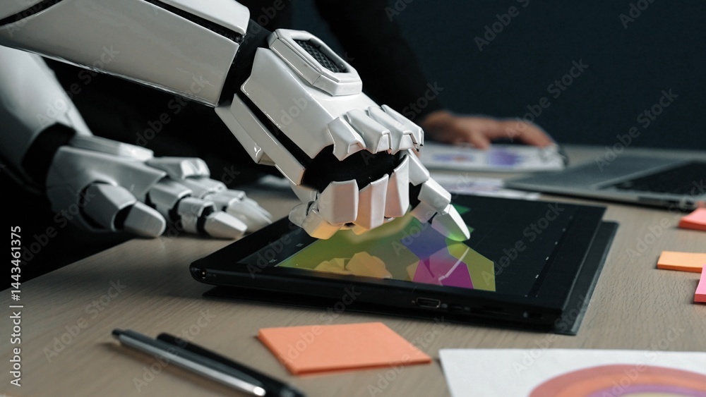 Poster a robotic hand engages with a digital tablet displaying colorful graphics in a modern workspace. thi
