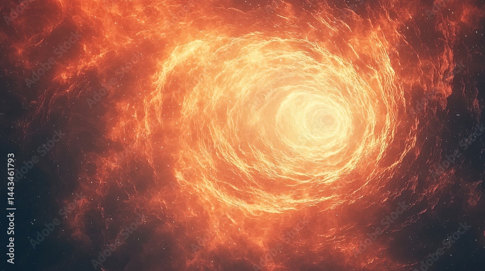 Poster spiraling orange and red cosmic object against a dark universe background creating a striking and vi