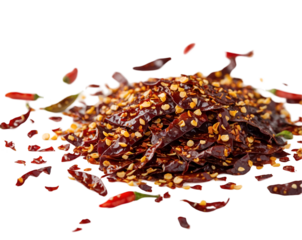 Isolated pile of chili flakes on a plain surface exhibiting a vibrant red hue and granular texture, presented against a uniform background creating a compelling visual impact