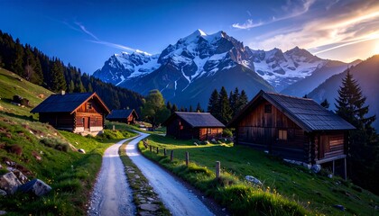 Obraz premium Un paisaje sereno se despliega a medida que un sinuoso camino de piedra serpentea a través de un pintoresco bosque.