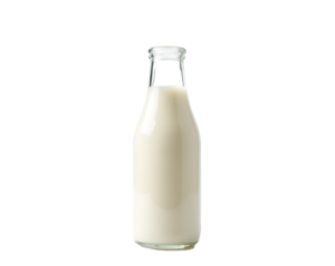 Isolated transparent glass bottle filled with creamy liquid representing milk product purity and freshness against a contrasting solid toned backdrop
