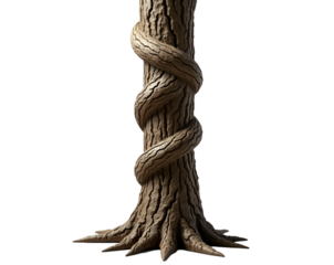 Isolated Tree Trunk Detail, Captivating Spiral Bark Texture and Root System against Transparent Backdrop, Ideal for Nature-Themed Projects or Artistic Compositions