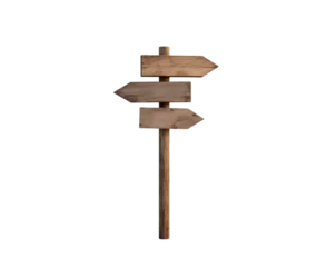 Foto op Plexiglas Isolated wooden signpost with directional arrows, conveying concepts of choice, navigation, guidance, and decision making in a simple and clear manner against a clean backdrop © Gustav