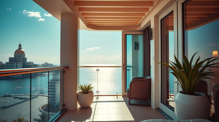 Coastal Seaside Balcony Interior with Modern Architecture and Elegant Decor for a Tranquil Sunset Retreat