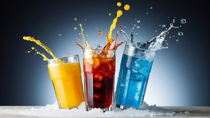 A Trio of Refreshing Drinks: Vibrant Liquids Exploding in Glassware, Creating a Splash of Color and Taste.