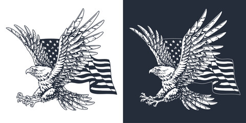 Eagle soaring with American flag backdrop design