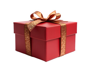 Obraz premium Luxurious Crimson Red Gift, A Rectangular Box with Elegant Gold Ribbon and Bow, Perfect for Celebrations, Anniversaries, and Special Occasions
