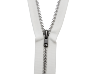 Macro Shot of a Partially Open Zipper on Light Fabric, Centrally Positioned to Emphasize Details and Texture for Fashion, Design, and Creative Projects