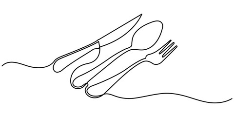 Spoon, fork and knife in continuous line drawing style. Minimalist and modern design. Spoon fork place mat one line drawing continuous. Vector illustration. One line art. A simple drawing.