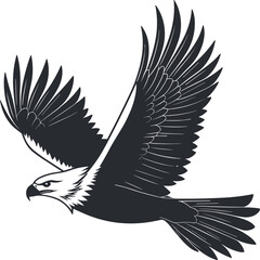 A black silhouette vector illustration shows an eagle, a wild bird with wings, flying freely in nature