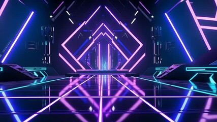 Glowing futuristic tunnel with neon geometric lights and reflective mirror surface - Powered by Adobe