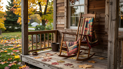 Peaceful autumn porch rocking chair inviting cozy fall vibes nature's beauty surrounds