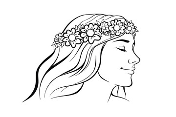 Serene woman profile with flower crown elegant outline illustration template