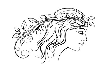 Elegant woman profile with flowing hair and leaf crown black and white art