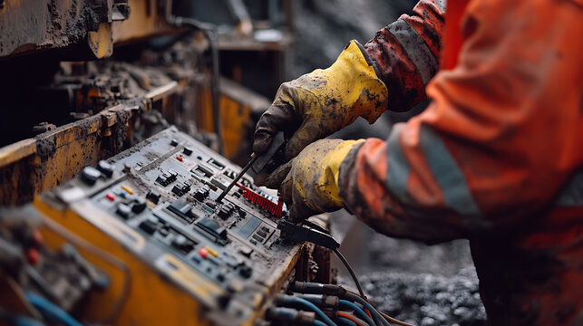 Worker Operating Industrial Machinery Control Panel