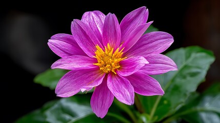 Obraz premium Vivid pink dahlia with yellow center, lush green leaves, dark background. Nature's beauty captured