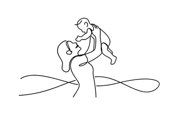 Continuous line drawing of mother holding baby in the air with love