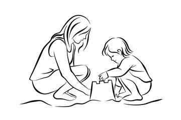 Mother and child building sandcastle outline minimalist vector illustration