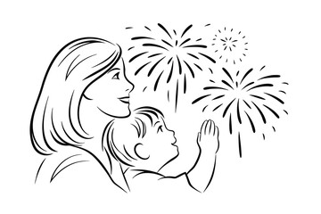Mother and child watching fireworks celebration event in line art illustration