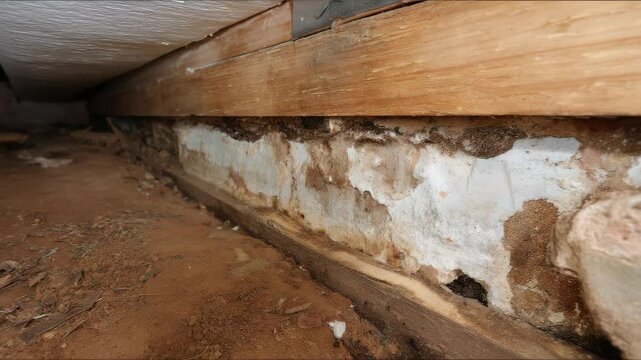 Foundation wall with crumbling paint and wood showing signs of moisture damage and poor conditions in a crawl space.