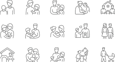 Fototapeta premium Family scenes, line art illustrations, parenting moments, diverse family activities, generational interactions, child care, household tasks, daily life, simple sketch style, black and white drawings, 