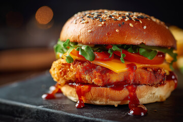Perfectly assembled cheeseburger rotating slowly, clean background, commercial lighting 或 Pile of crispy fried chicken on a platter, steaming slightly

