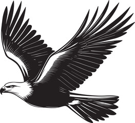 A black vector silhouette illustration depicts a flying eagle with wings spread in flight, a symbol of freedom and nature