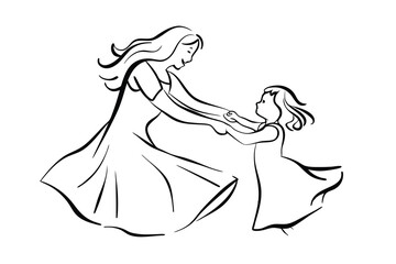 Mother and daughter dancing in line art style with flowing dresses