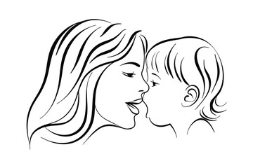 Elegant line art depicting mother and child loving moment silhouette style