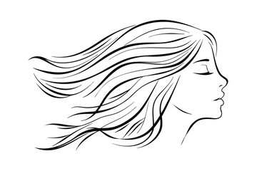 Minimalist line art of womans profile with flowing hair on white background