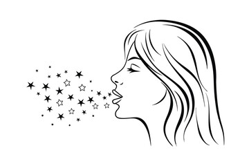Elegant woman blowing stars graphic design illustration in black and white