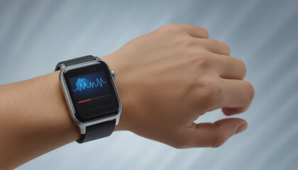 A persons wrist displays a sleek smartwatch with a health monitoring interface showing heart rate and other data against a blurred background.