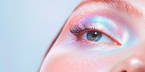 Extreme close-up of glamorous eye with shimmering pastel glitter makeup in iridescent pink and blue tones