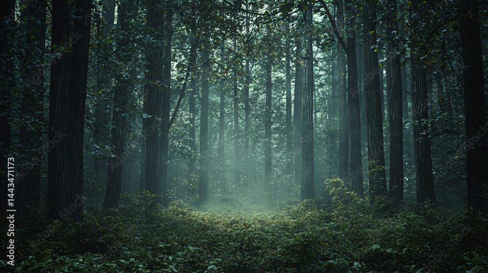 Poster enchanting forest scene with light filtering through towering redwood trees creating an atmosphere o