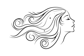 Elegant woman profile with flowing hair black and white illustration