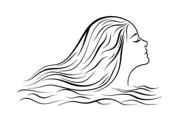 Woman with long flowing hair in water silhouette vector illustration