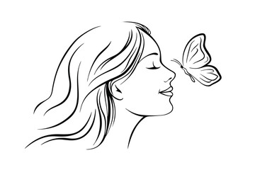 Peaceful woman with butterfly line art design illustration vector graphic