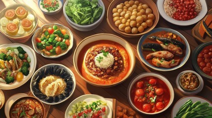 Assorted international vegan dishes. Explore global plant-based cuisine. Discover diverse vegan recipes from around the world. Celebrate multicultural plant-based diets.
