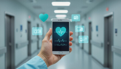 A healthcare professional in scrubs holds a smartphone displaying medical data in a brightly lit hospital corridor.
