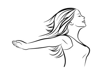 Minimalist woman with arms outstretched enjoying freedom and fresh air illustration