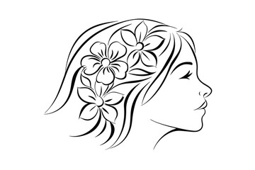 Elegant woman profile with floral hair decoration line art illustration