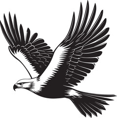 Vector illustration depicts a flying eagle with outstretched wings, a powerful bird silhouette in flight