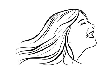 Woman with long hair laughing in outline style expressing joy