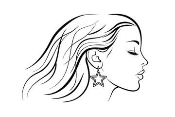 Elegant woman profile with star earring minimalist black and white line art