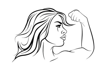 Woman flexing bicep illustration symbolizing strength empowerment and feminism black and white line art