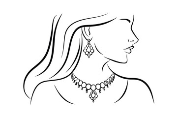 Elegant woman line art with necklace and earring jewelry design