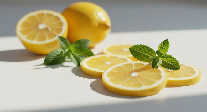 Fresh Lemons and Mint Garnish on White Surface  